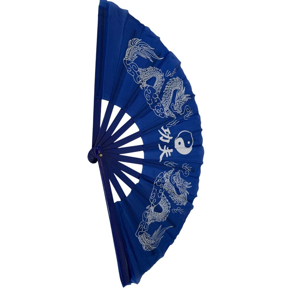 Blue Folding Hand Fan With White Dragon & Yin Yang Design Y2K Church Boho Festiv